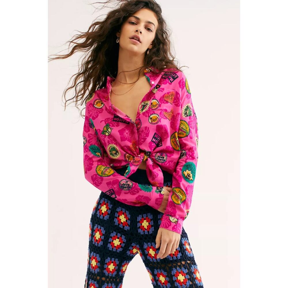Scotch & Soda Maison Oversized Shirt Button Front Novelty Hawaiian Pink Size L